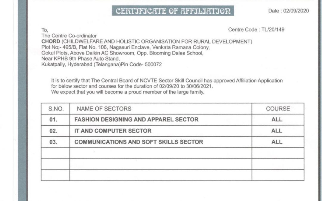 CHORD gets National Council for Vocational Training and Education (NCVTE) Affiliation